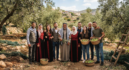 A diverse group of smiling Palestinian farmers standing together in an olive grove.
