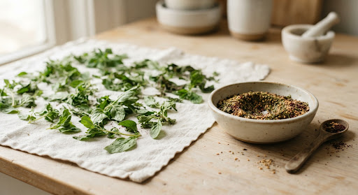 Fresh herbs and a bowl of za'atar spice mix on a kitchen table.