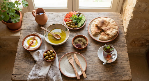 A traditional Palestinian breakfast of olive oil, za'atar and flatbread.