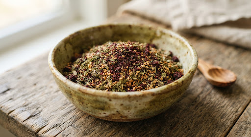 Dried za'atar mixed with sesame and sumac in a handmade ceramic bowl.
