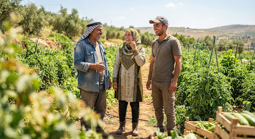 Cooperative members standing together in a tomato field, crates of produce nearby.