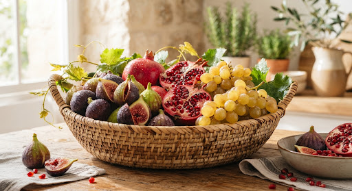 A woven basket of fresh figs, pomegranates and grapes on display.