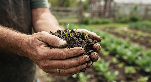 A farmer holding rich, dark soil with fresh green sprouts.
