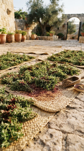 Fresh thyme drying on woven mats in a stone courtyard.