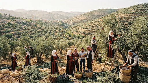 Farmers hand-picking olives during the 2024 Salfit harvest.