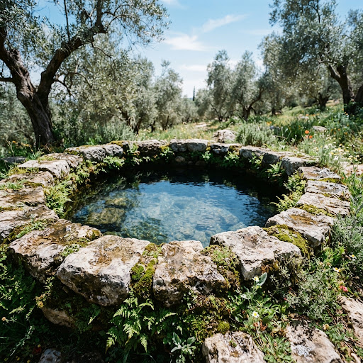 A traditional stone-lined water cistern in an olive grove.