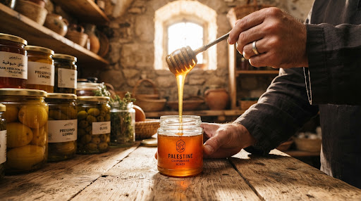 Golden honey being poured into a glass jar.
