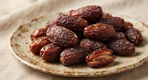 Premium large Medjool dates arranged on a ceramic plate.