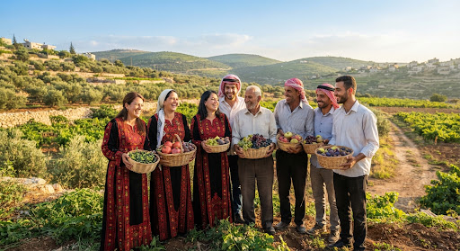 Members of Salfit Cooperative, in traditional dress, holding baskets of the harvest together.