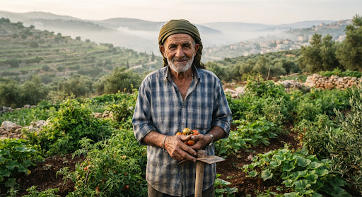 Portrait of an elderly Palestinian farmer in his field.