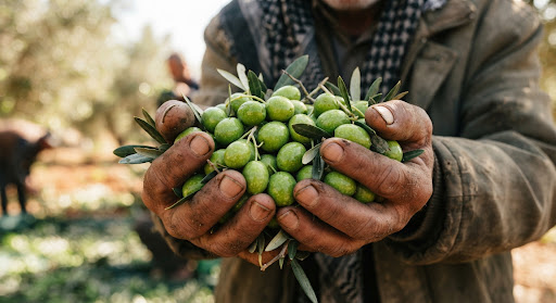 A Palestinian farmer holding freshly harvested green olives.