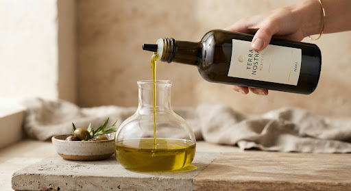 Premium extra virgin olive oil being poured into a glass vessel.