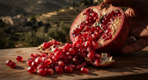 Vibrant red organic pomegranate seeds spilling from the fruit.
